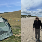 Jill on crutches camping post knee replacement