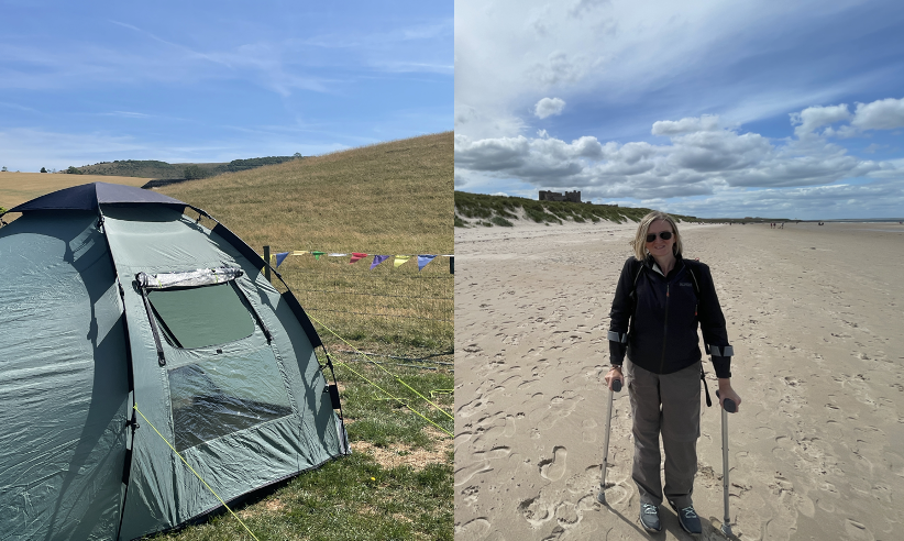 Jill on crutches camping post knee replacement