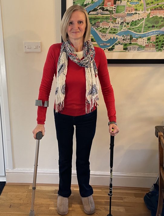 Jill Pringle on 1 crutches 1 walking pole