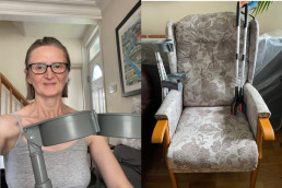 Jill Pringle hip mobilisation with crutches and chair